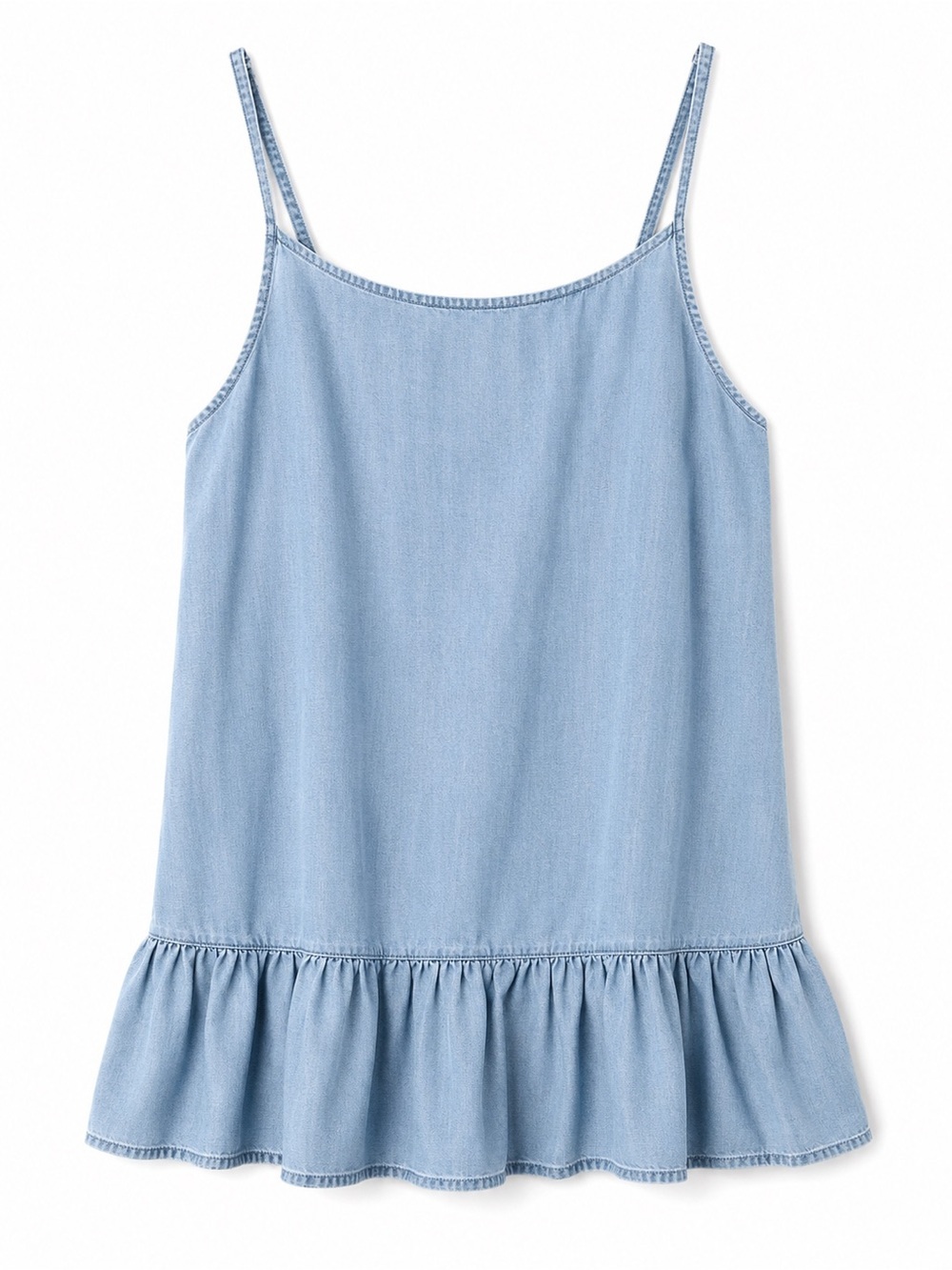 Light Wash Chambray Mini Dress Ruffle Hem Spaghetti Strap